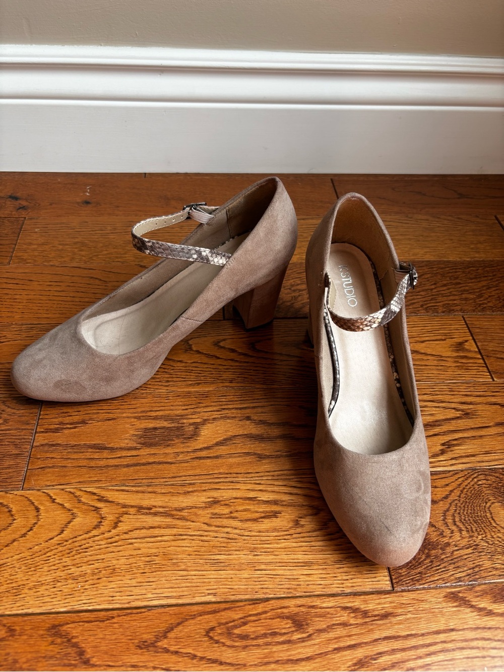 Suede Block Heel Pumps in Taupe with Snake-Print Strap